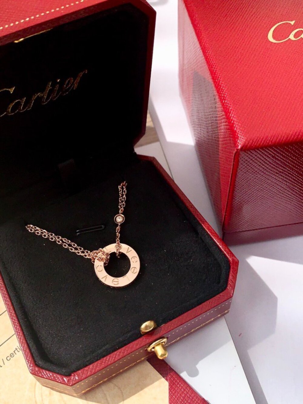 Cartier Love 18K Rose Gold Diamond Circle Pendant Necklace